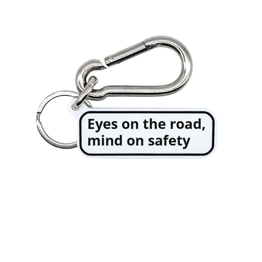 "Eyes on the road, mind on safety" Minimalist Rdie Safe Quote Tag for Bags, Keys