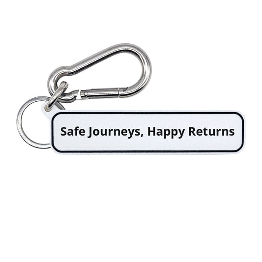 "Safe Journeys, Happy Returns" Minimalist Rdie Safe Quote Tag for Bags, Keys